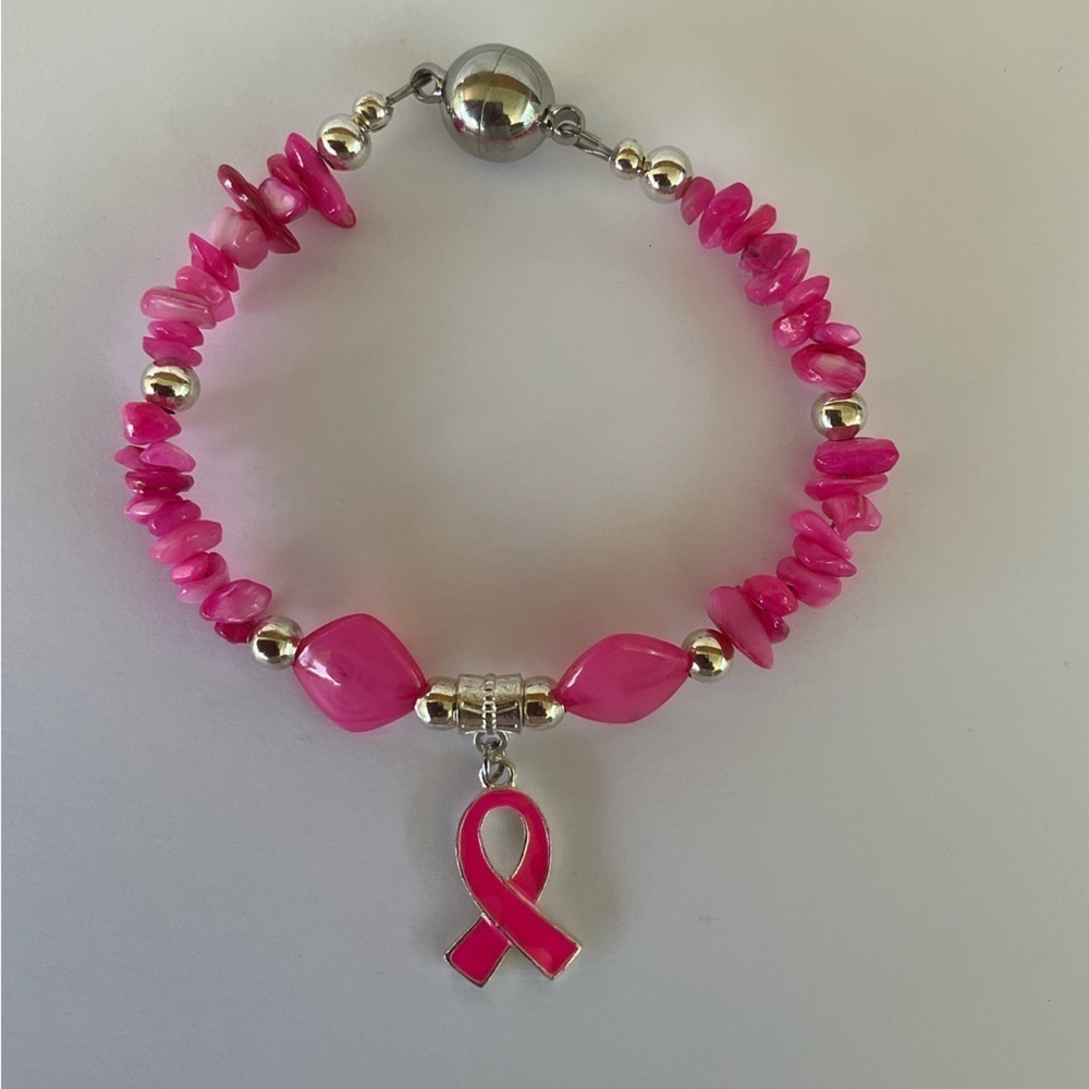 Hand Crafted Pink Breast Cancer Awareness Charm Bracelet Silver Magnetic Clasp